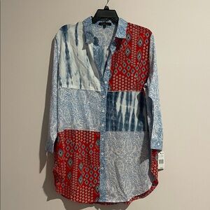 CALESSA TUNIC BLOUSE  3/4 SLEEVE TIERED PATCHWORK MIXED PRINT MULTICOL plus size